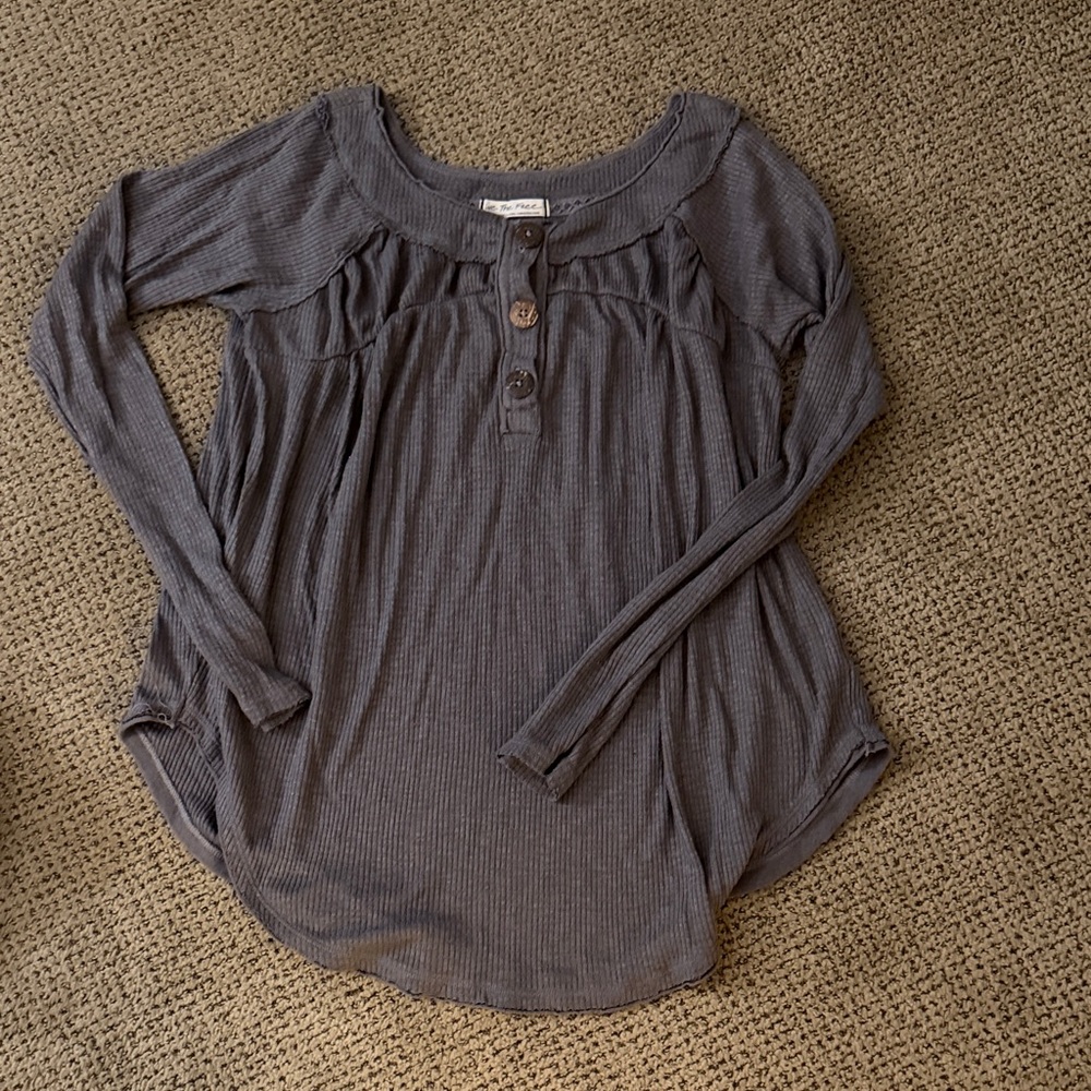 We The Free Charcoal Ribbed Long Sleeve Henley Top
